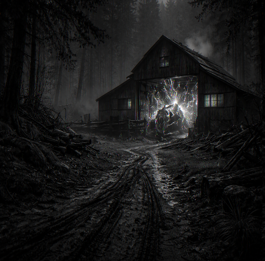 Spooky sawmill with alien device in it